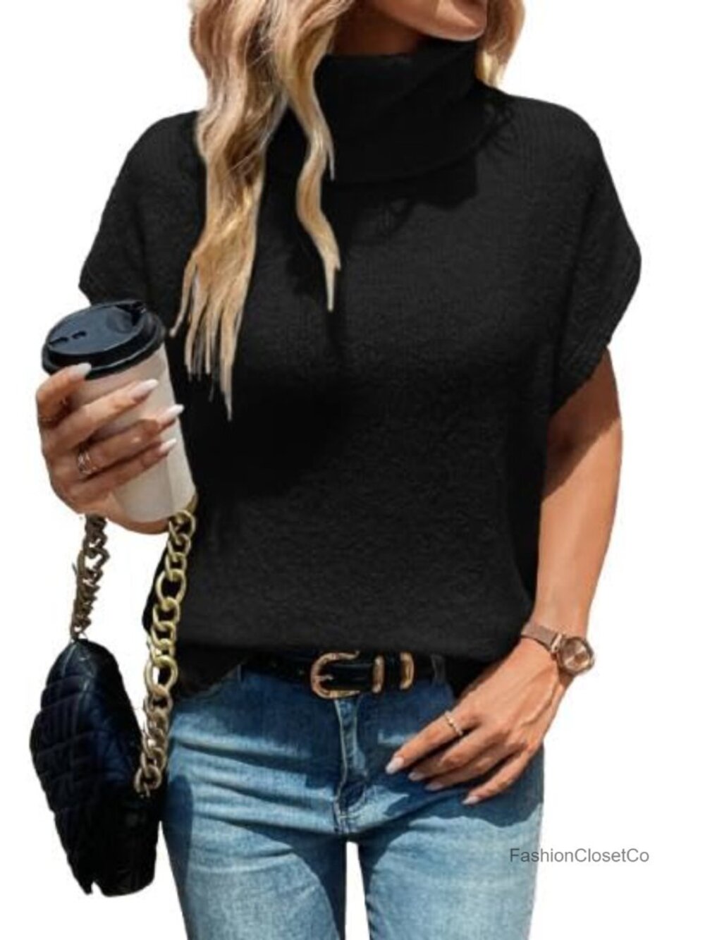 Oversized Turtleneck Sweater Vest Cap Sleeve Knit Pullover
